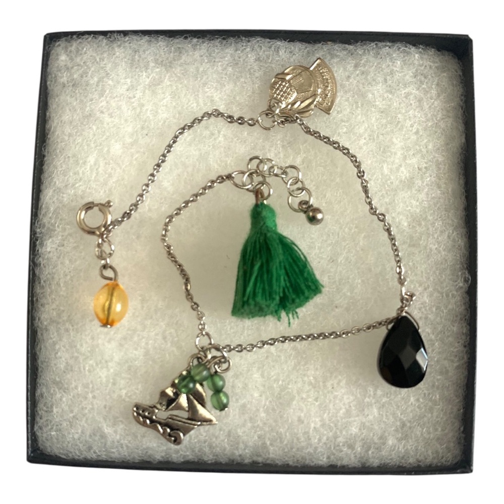 Signed Giovanni Silver-tone Thistle Charm Bracelet with Green Tassel.